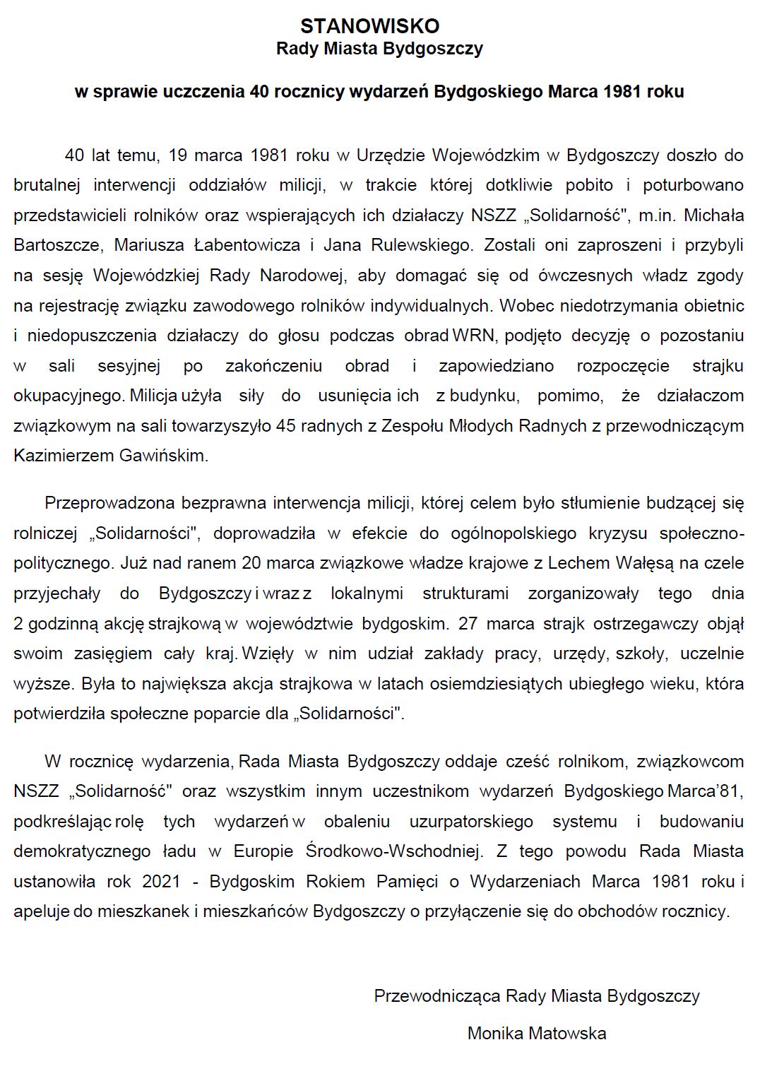 stanowisko Rady Miasta o wydarzeniach marcowych